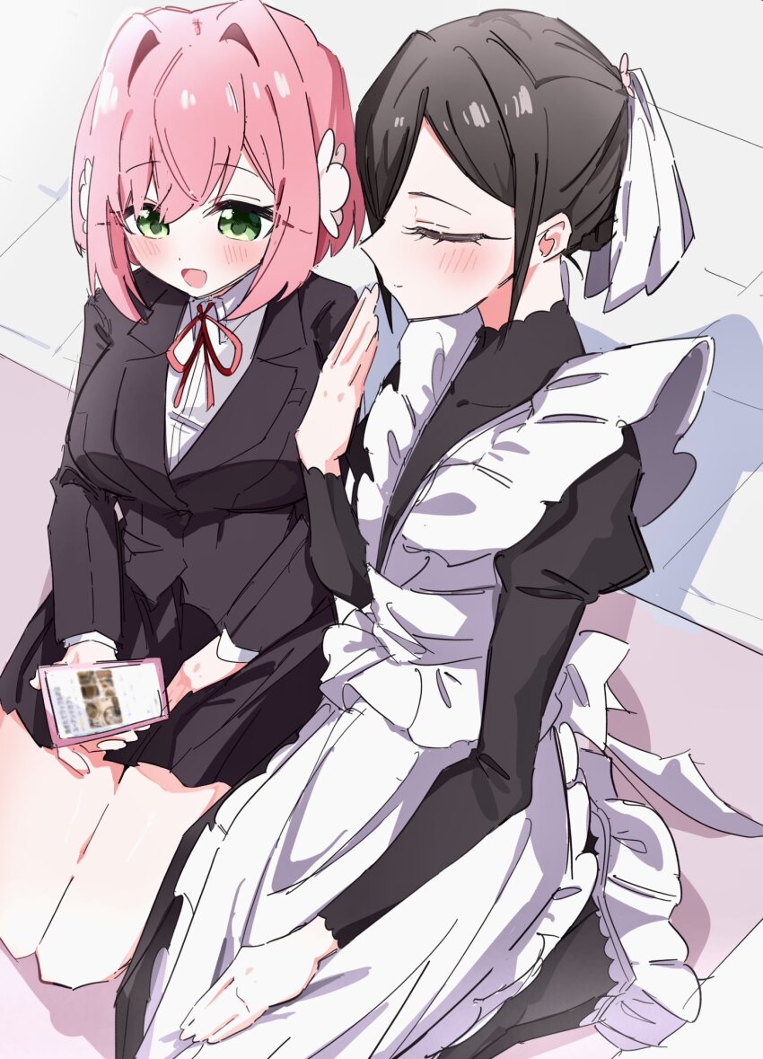 blush, closed_eyes, green_eyes, hanazono_hakari, highres, holding, holding_phone, kimi_no_koto_ga_dai_dai_dai_dai_daisuki_na_100-nin_no_kanojo, light_smile, maid, meido_mei, mi_ga, phone, pink_hair, school_uniform, sitting