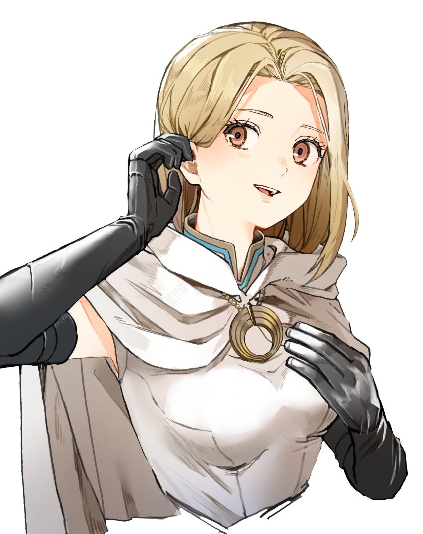1girl, black_gloves, blonde_hair, breasts, brown_eyes, cape, commentary_request, eyelashes