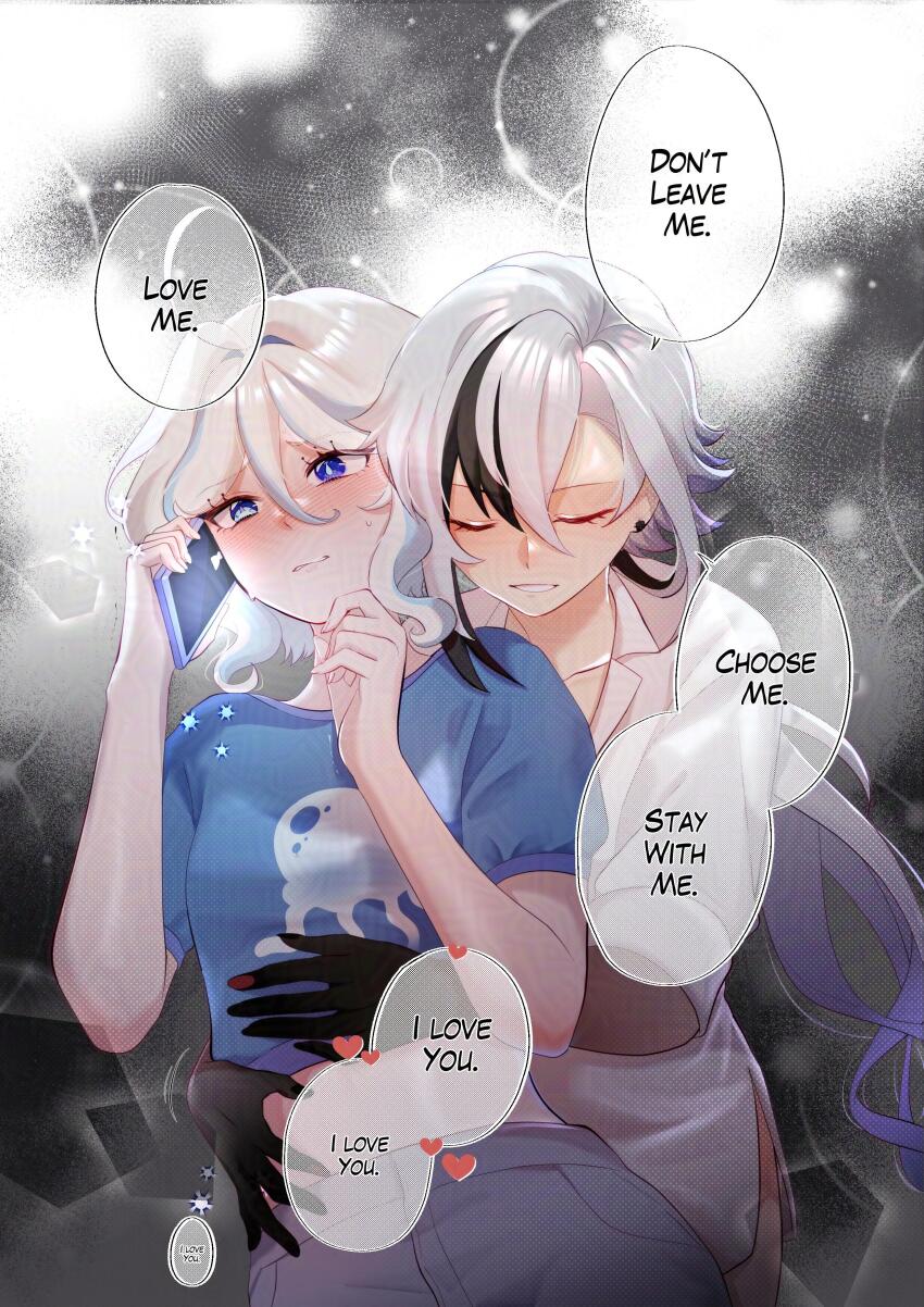 2girls, absurdres, arlecchino_(genshin_impact), black_hair, black_hands, blue_eyes, blue_shirt, blush, cellphone, closed_eyes, colored_extremities, commentary, commission, elineyuhu, english_commentary, english_text, fanfiction_available, furina_(genshin_impact), genshin_impact, hands_on_another's_waist, heart, heterochromia, highres, holding, holding_phone, long_hair, midriff, multiple_girls, parted_lips, phone, second-party_source, shirt, short_sleeves, sleeves_rolled_up, smartphone, smile, speech_bubble, sweat, white_hair, white_shirt, yuri