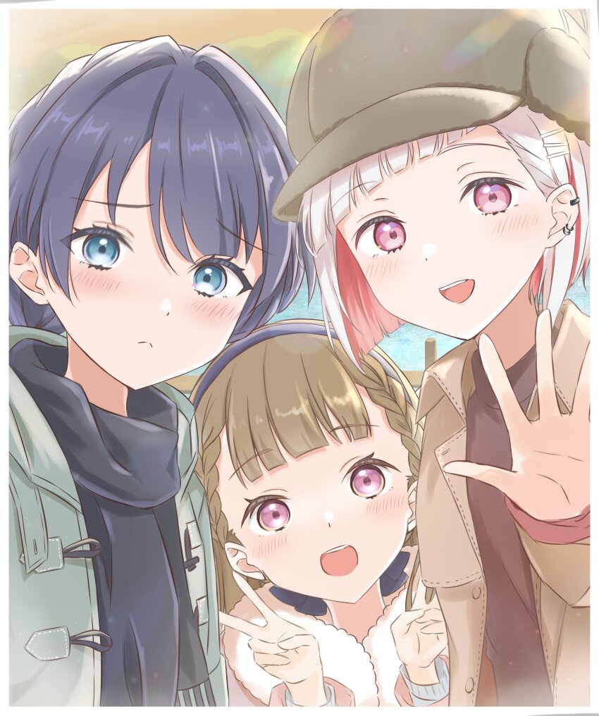 3girls, :d, absurdres, black_bow, black_scarf, blue_eyes, blue_hair, blue_hairband