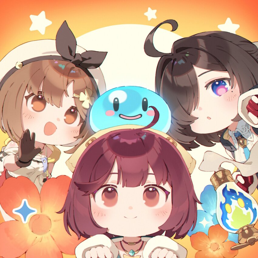 3girls, :d, :o, ahoge, atelier_(series), atelier_ryza, atelier_sophie, atelier_yumia