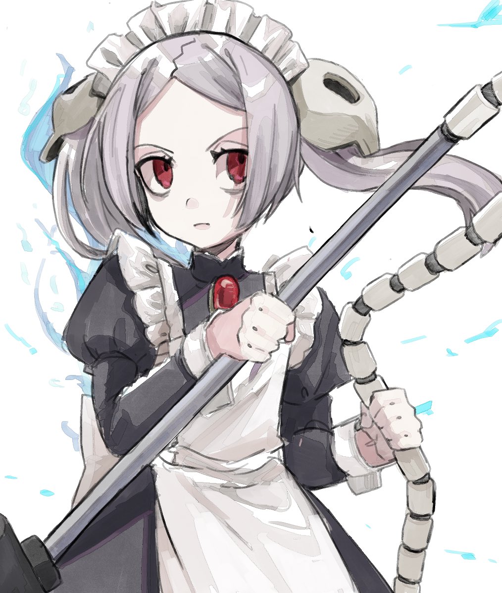 1girl, apron, bags_under_eyes, bloody_marie_(skullgirls), brooch, dress, energy, frilled_apron