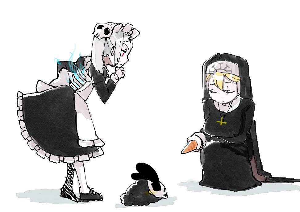 2girls, apron, blonde_hair, bloody_marie_(skullgirls), carrot, closed_eyes, cross, cross_necklace