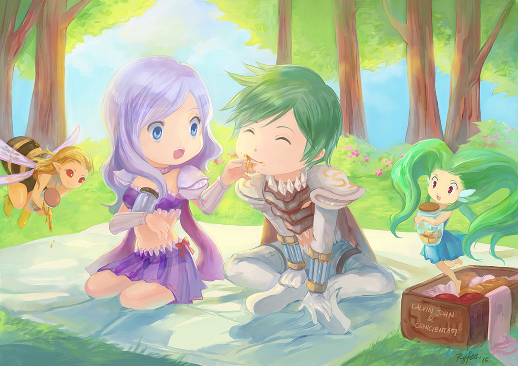 1boy, 3girls, armor, arthropod_girl, bee_girl, bikini, bikini_top_only, blue_eyes