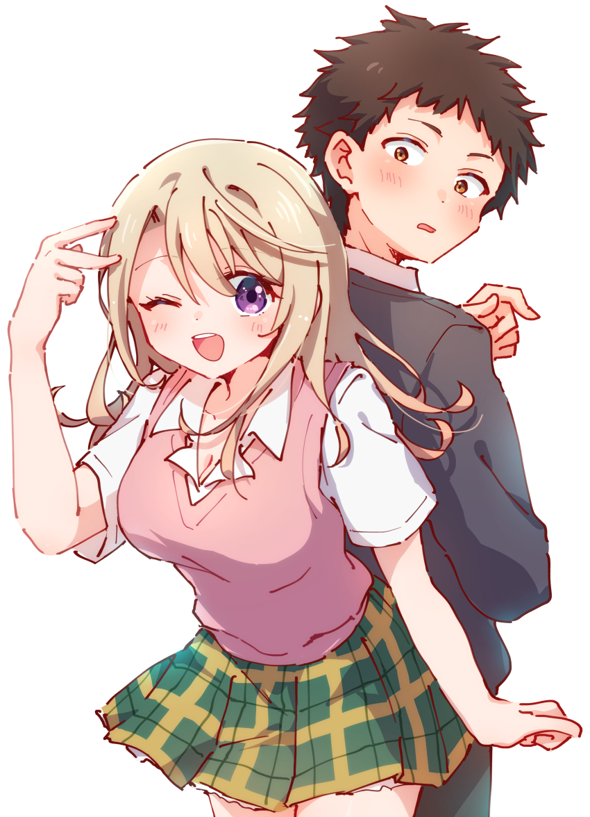 1boy, 1girl, ;d, absurdres, back-to-back, black_jacket, blonde_hair, blush