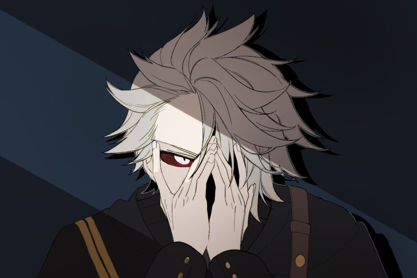 1boy, blue_background, colored_sclera, drop_shadow, grey_hair, hands_on_own_face, korean_commentary, liam1234_d