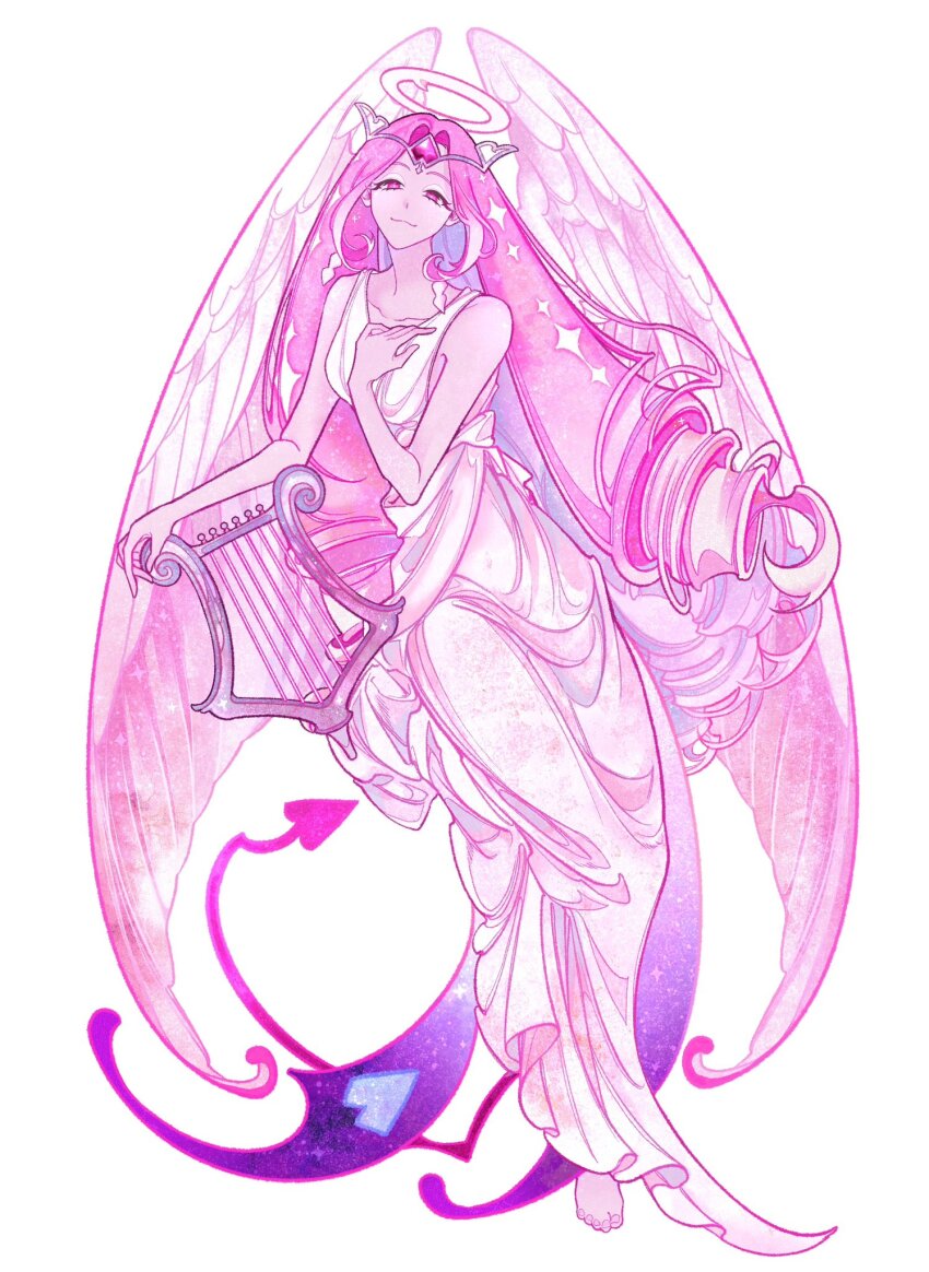 1girl, angel, angel_wings, colored_skin, commentary, cookie_run, cookie_run:_kingdom, demon_girl