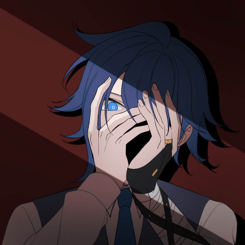 1boy, aoyama_kazuki, blue_eyes, blue_hair, blue_necktie, blue_vest, bridal_gauntlets, collared_shirt