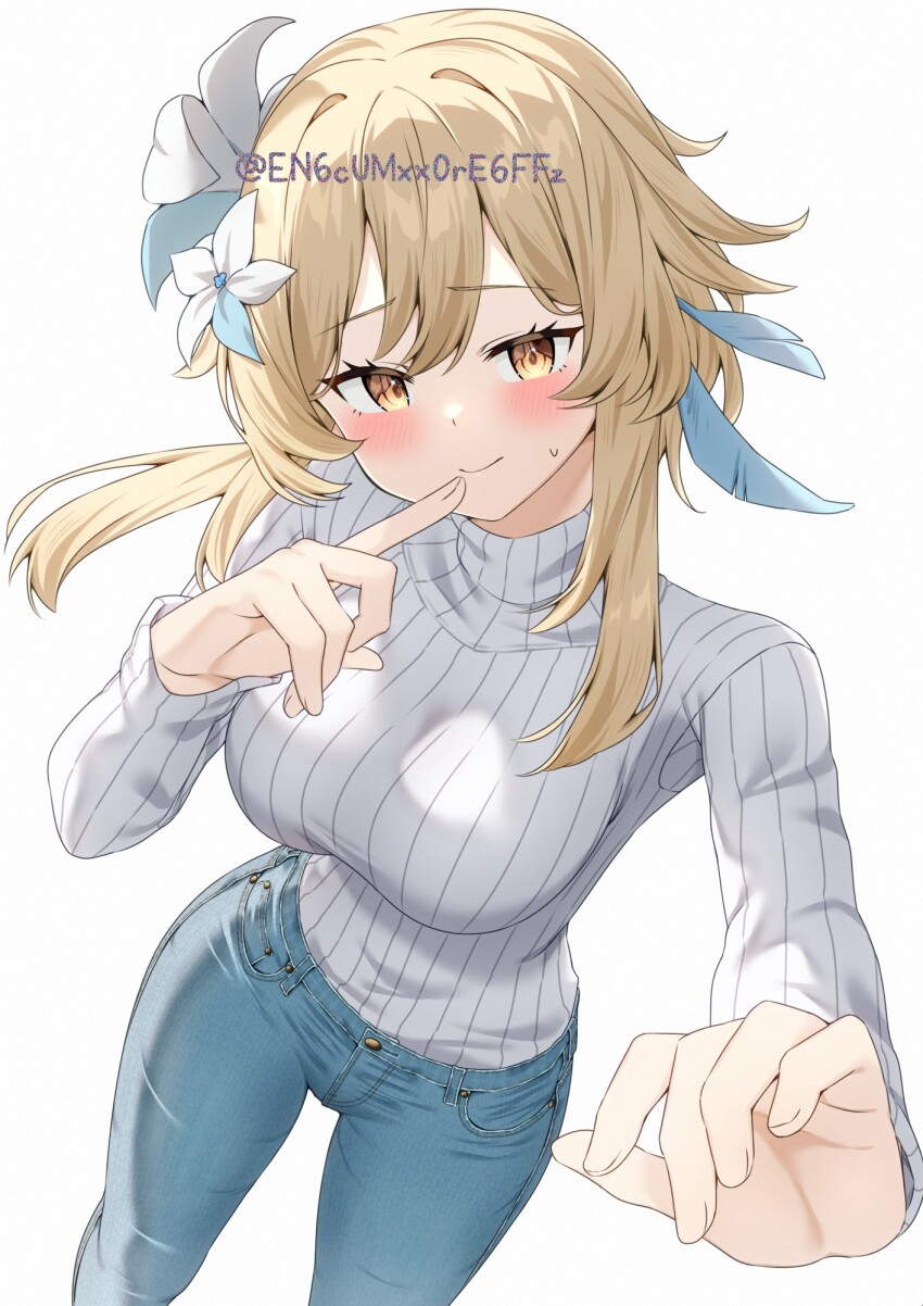 1girl, alternate_costume, arm_up, blonde_hair, blue_feathers, blue_flower, blue_pants, bluesky_username, blush, breasts, casual, closed_mouth, commentary, denim, feather_hair_ornament, feathers, feet_out_of_frame, finger_to_mouth, flower, foreshortening, from_above, genshin_impact, hair_between_eyes, hair_flower, hair_ornament, hand_up, highres, jeans, large_breasts, legs_apart, long_sleeves, looking_at_viewer, lumine_(genshin_impact), outstretched_arm, pants, pointing, pointing_at_self, ribbed_sweater, short_hair_with_long_locks, simple_background, smile, solo, standing, sweatdrop, sweater, sweater_tucked_in, turtleneck, turtleneck_sweater, two-tone_flower, white_background, white_flower, white_sweater, yamano_rokamizu, yellow_eyes