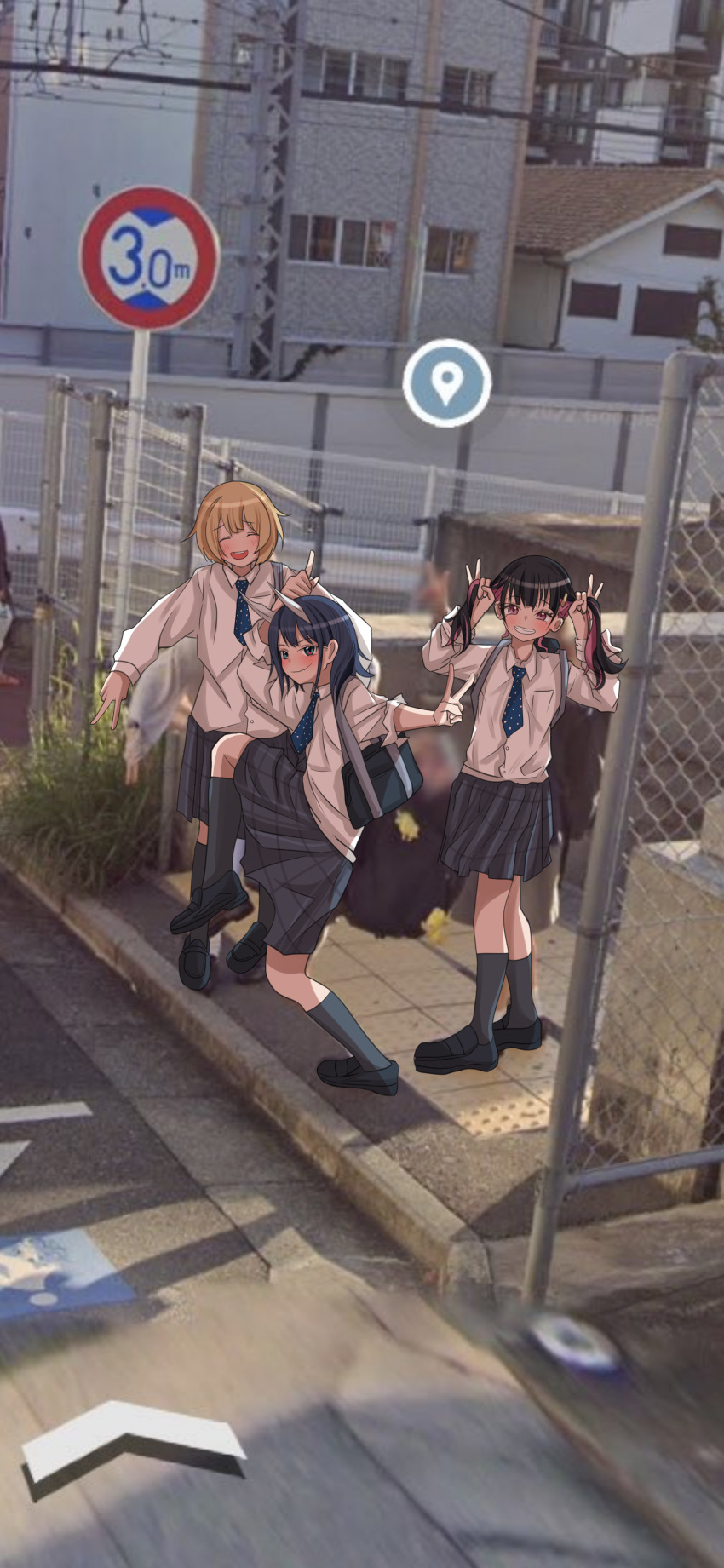 3girls, absurdres, aoki_ruri, bag, black_hair, black_skirt, black_socks, blonde_hair