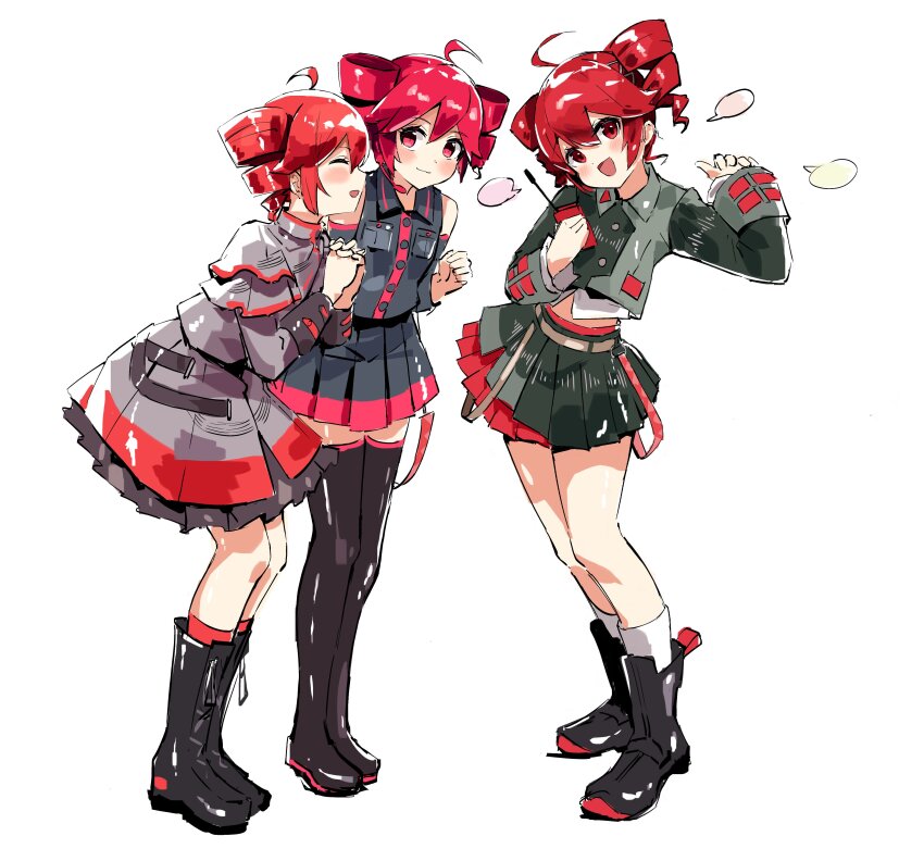 3girls, :d, absurdres, ahoge, black_boots, black_shirt, blush, boots