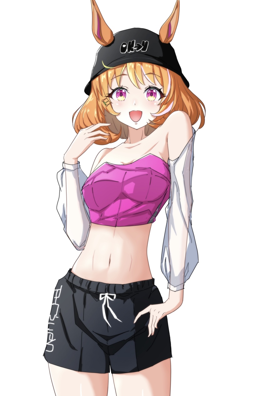 1girl, absurdres, animal_ears, blush, boc'z_(umamusume), breasts, brown_hair, bucket_hat