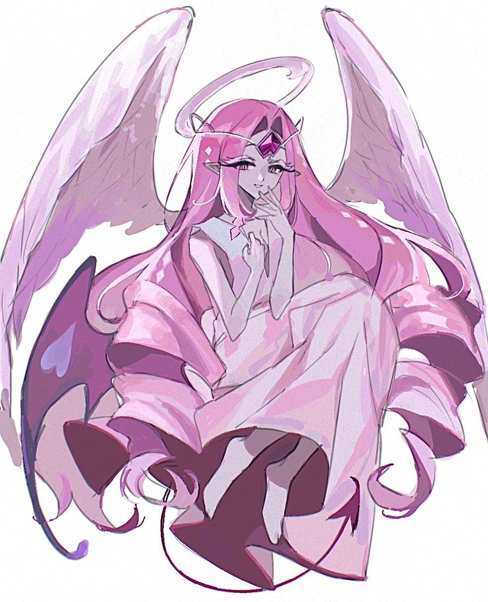 1girl, angel, angel_wings, colored_skin, commentary, cookie_run, cookie_run:_kingdom, demon_girl