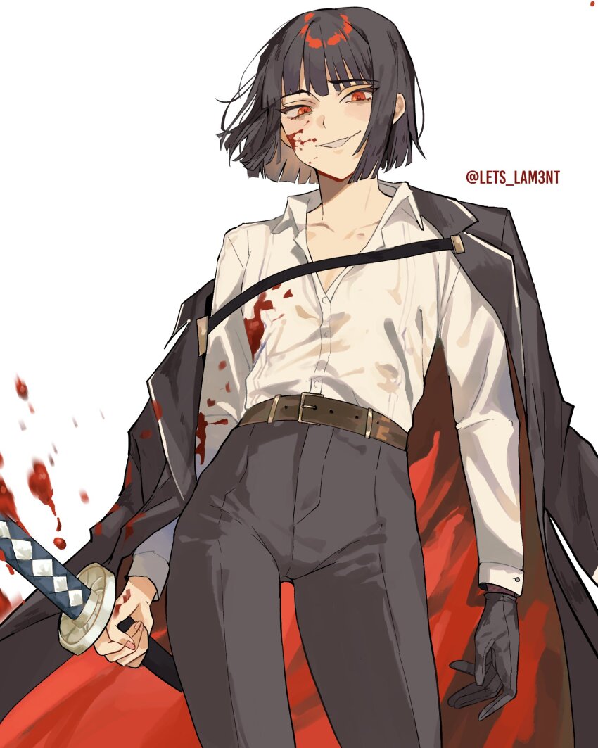 1girl, androgynous, belt, black_coat, black_gloves, black_hair, black_pants, blood