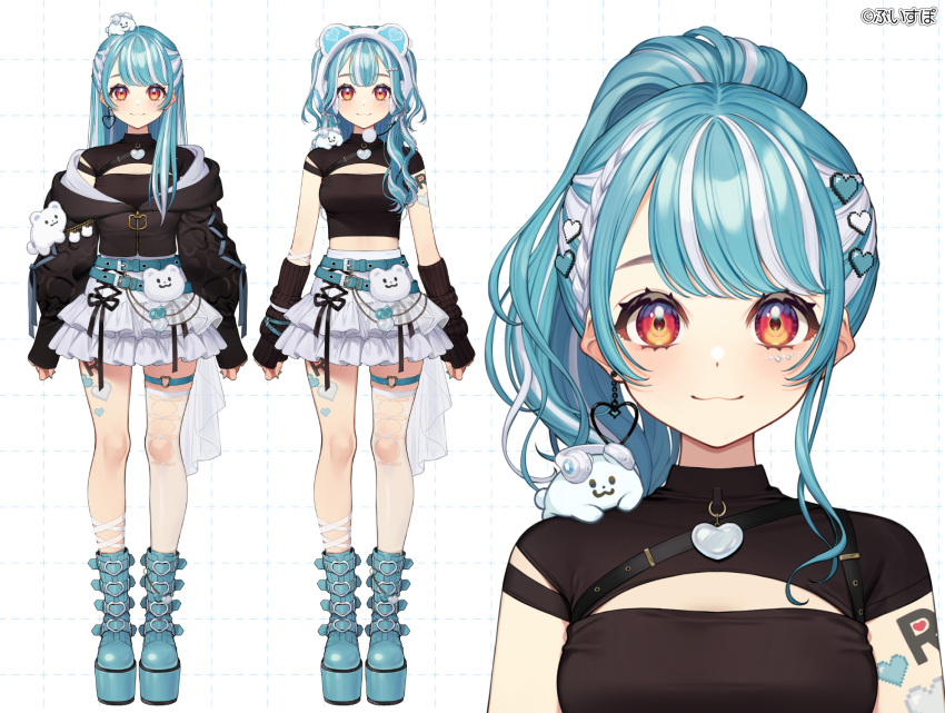 1girl, :3, animal_ear_headphones, animal_ears, arm_markings, arm_warmers, asymmetrical_sleeves, belt