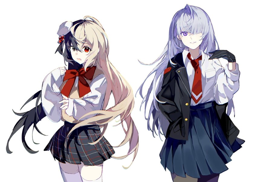 arcaea, black_gloves, black_hair, blonde_hair, bow, bowtie, gloves, grey_hair, hair_over_eyes, heterochromia, highres, insight_(arcaea), looking_at_viewer, maya_(arcaea), merc4ury0, multicolored_hair, necktie, one_eye_closed, red_bow, red_bowtie, red_necktie, school_uniform, shirt, skirt, smile, white_background