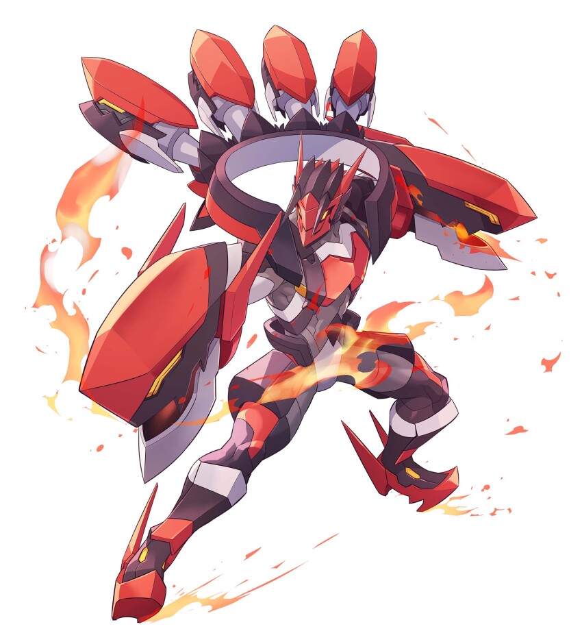 1boy, armor, azure_striker_gunvolt, azure_striker_gunvolt_3, camion_(gunvolt), fire, full_body, helmet