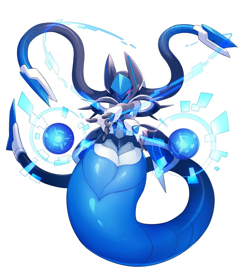 1boy, armor, aura, azure_striker_gunvolt, azure_striker_gunvolt_3, blue_armor, blue_helmet, full_body