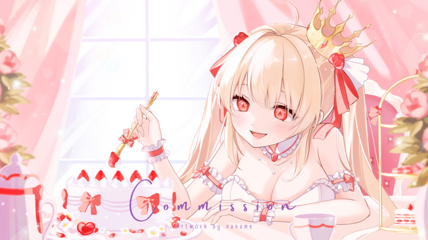 1girl, ahoge, arm_ribbon, artist_name, blonde_hair, bow, breasts, cake