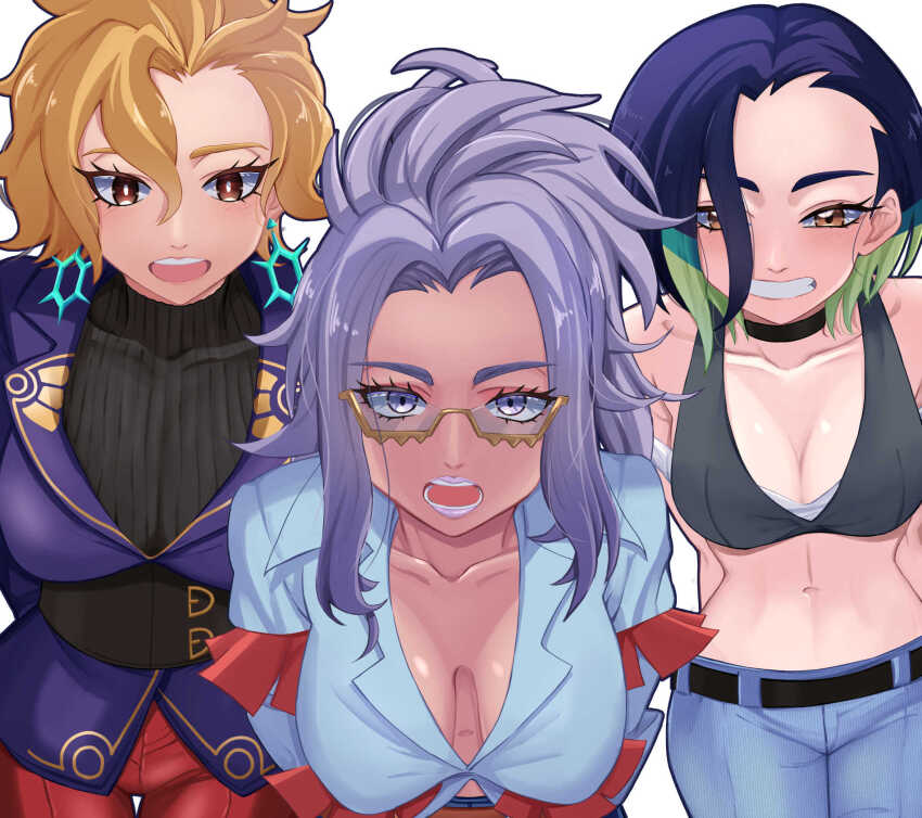 3girls, belt, black_belt, black_choker, blonde_hair, blue_hair, blue_shirt, breasts