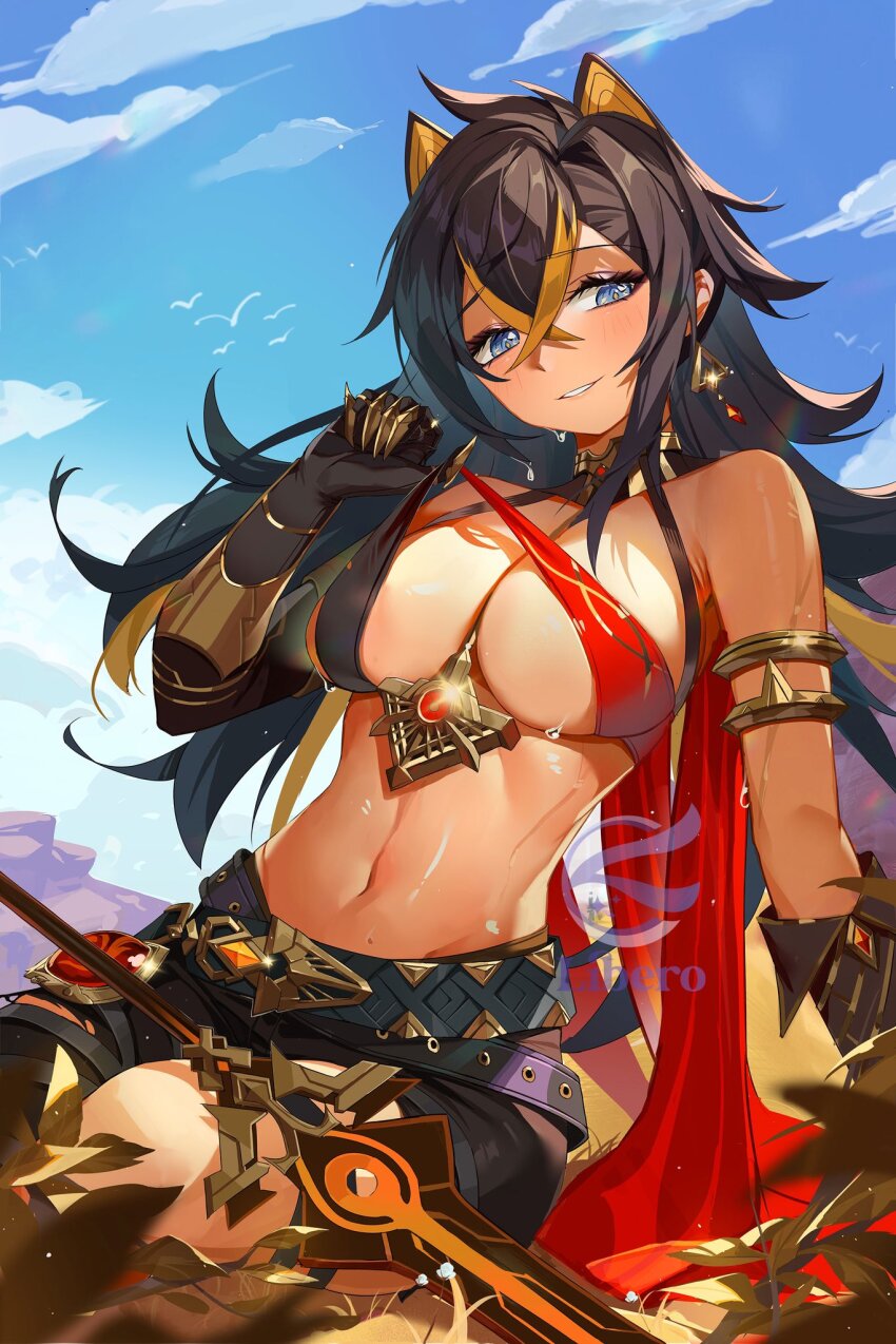 1girl, arm_armor, asymmetrical_clothes, beacon_of_the_reed_sea_(genshin_impact), black_gloves, black_hair, black_pants, blue_eyes