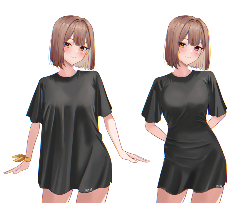 1girl, a5235, before_and_after, black_shirt, blush, brown_hair, closed_mouth, highres, looking_at_viewer, multiple_girls, shirt, short_hair, simple_background, smile, victory_(waktaverse), virtual_youtuber, waktaverse, yellow_eyes