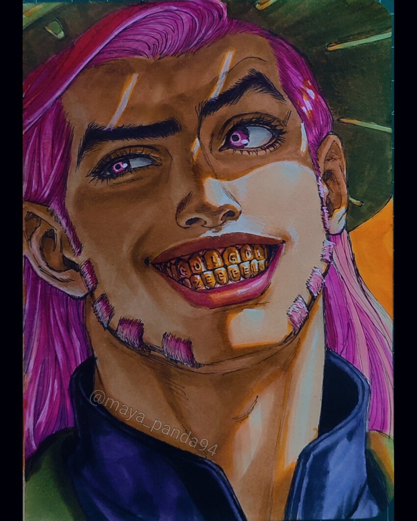 1boy, blue_shirt, colored_teeth, cowboy_hat, gold_teeth, green_hat, grin, gyro_zeppeli