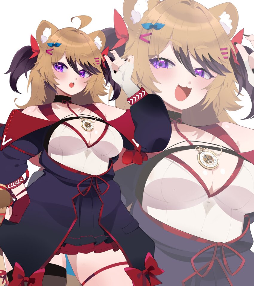 1girl, ahoge, animal_ear_fluff, animal_ears, black_hair, black_nails, black_skirt, blue_bow