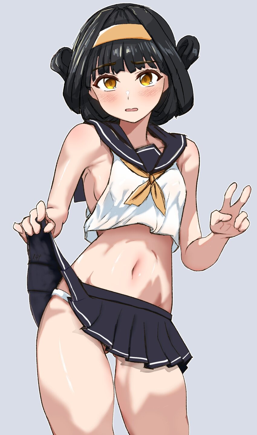 1girl, alternate_costume, black_hair, black_sailor_collar, blush, brown_eyes, chanzhi_(neural_cloud), clothes_lift