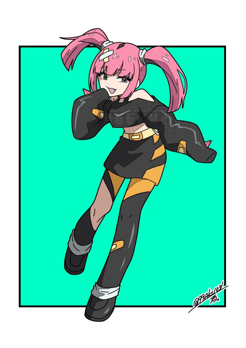 1girl, 99akt1031, :d, absurdres, bare_shoulders, belt, black_shoes, blunt_bangs