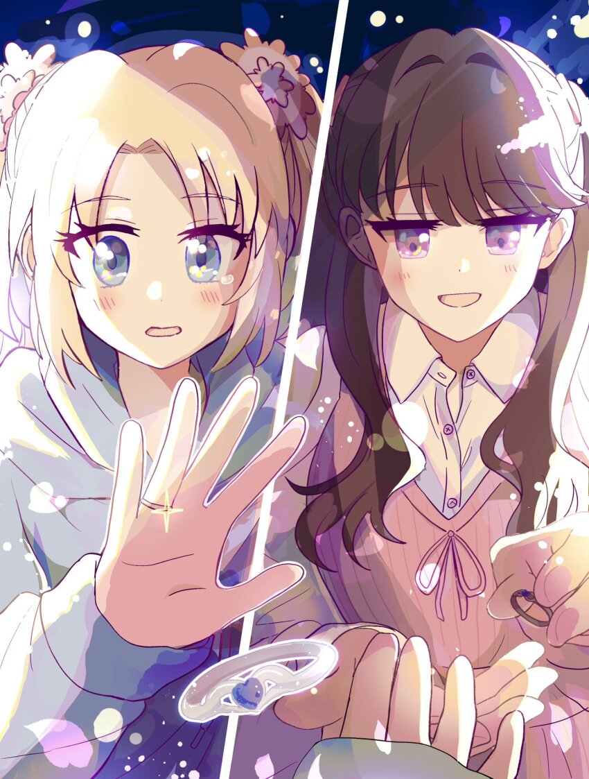 2girls, :d, blonde_hair, blue_eyes, blue_hoodie, blush, brown_hair, clothing_cutout