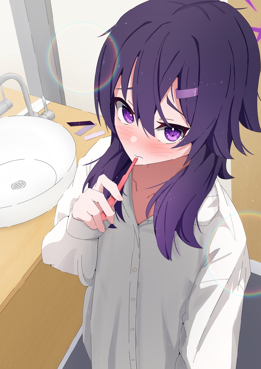 1girl, alternate_costume, blue_archive, blush, borrowed_clothes, brushing_teeth, collarbone, commentary_request