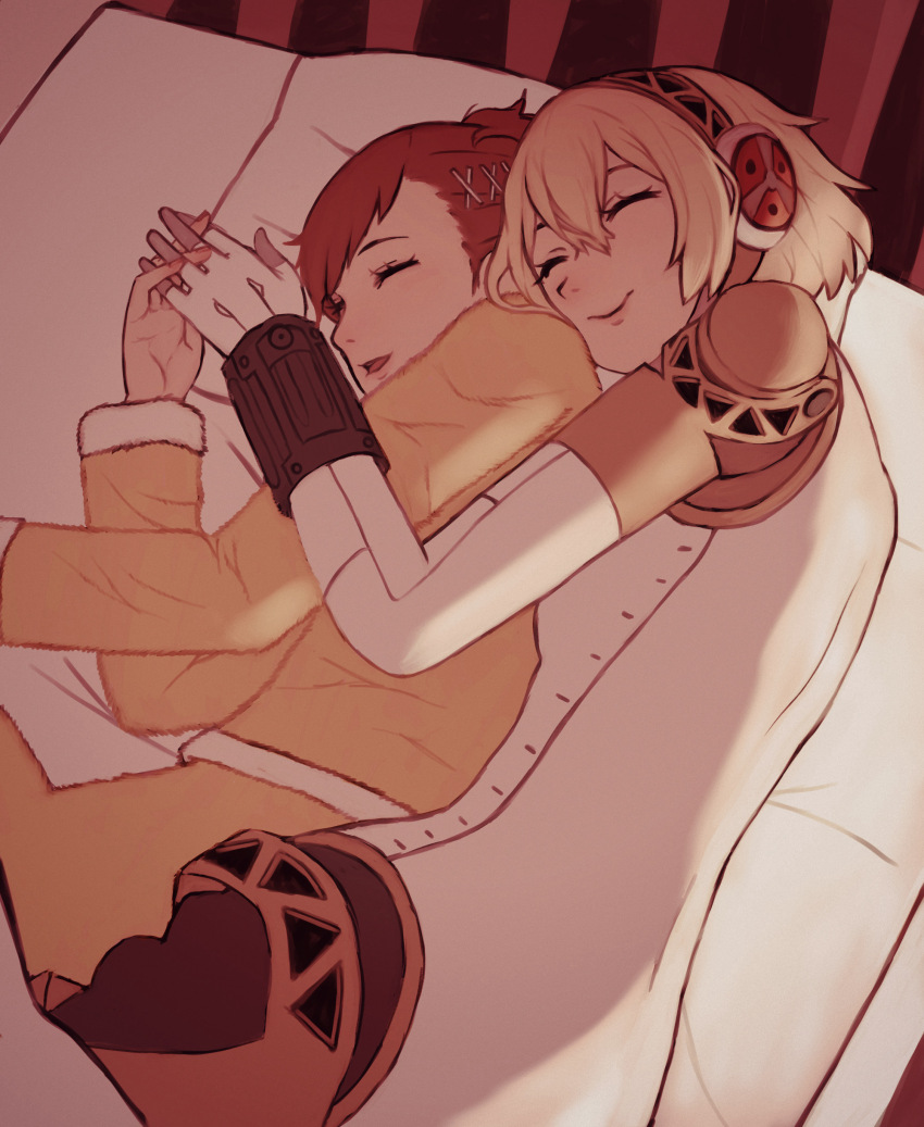 2girls, absurdres, aigis_(persona), android, bed, bed_sheet, blonde_hair, brown_hair