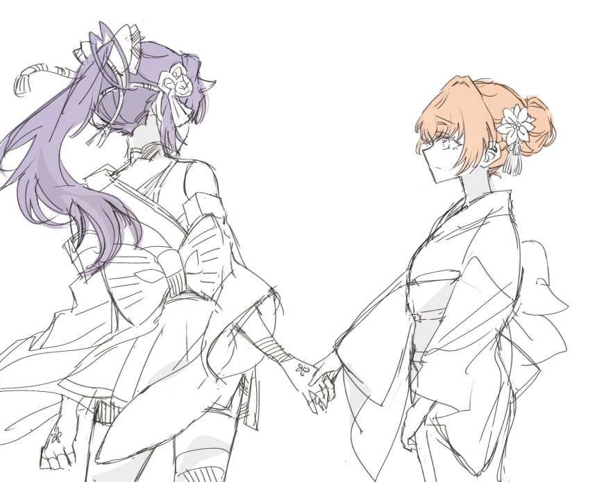 2girls, alternate_species, alternate_universe, cerise_bouquet, closed_mouth, commentary, grabbing_another's_hand, greyscale