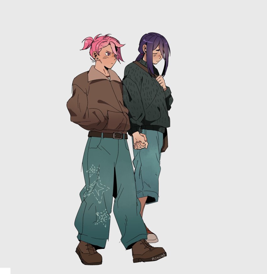 2girls, absurdres, alternate_costume, bag, baggy_pants, belt, belt_buckle, black_hair, blue_pants, brown_jacket, buckle, casual, closed_eyes, closed_mouth, commentary, dandadan, denim, full_body, grey_background, hand_in_pocket, high_ponytail, highres, holding_hands, jacket, jeans, long_hair, multiple_girls, pants, pink_hair, ponytail, ramoncito411267, shiratori_aira_(dandadan), short_hair, shoulder_bag, sidelocks, walking, yukishiro_kouki, yuri