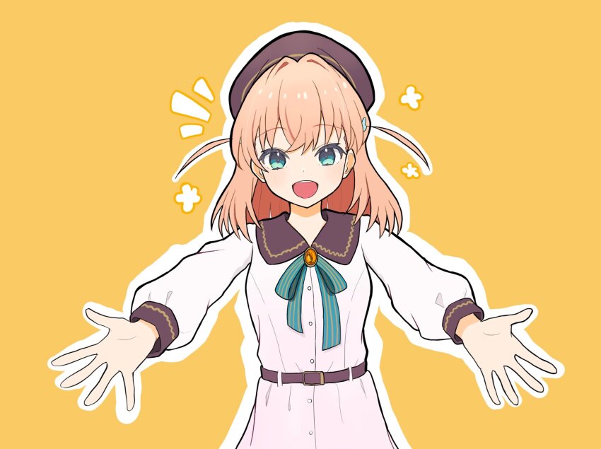 1girl, :d, aqua_eyes, aqua_ribbon, blush, breasts, commentary, crossed_bangs, dream_believers, dress, flower_symbol, gradient_clothes, gradient_dress, hair_ornament, hashtag-only_commentary, highres, hinoshita_kaho, link!_like!_love_live!, looking_at_viewer, love_live!, medium_breasts, medium_hair, neck_ribbon, notice_lines, open_hands, open_mouth, orange_hair, outline, outstretched_arms, pink_dress, rabbit_hair_ornament, ribbon, seaus, simple_background, smile, solo, two_side_up, virtual_youtuber, white_outline, yellow_background