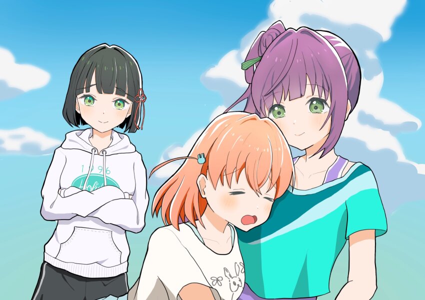 3girls, black_hair, blunt_bangs, blunt_ends, blush, bob_cut, cerise_bouquet, closed_mouth, collarbone, commentary_request, cropped_shirt, crossed_arms, crossed_bangs, flower, flower_knot, green_eyes, green_shirt, hair_between_eyes, hair_bun, hair_flower, hair_intakes, hair_ornament, highres, hinoshita_kaho, hinoshita_kaho_(summer_training_wear), hood, hood_down, hoodie, link!_like!_love_live!, long_hair, long_sleeves, love_live!, medium_hair, momose_ginko, momose_ginko_(summer_training_wear), multiple_girls, orange_hair, otomune_kozue, otomune_kozue_(summer_training_wear), pink_flower, purple_hair, purple_tank_top, seaus, shirt, short_hair, short_sleeves, side_ponytail, sidelocks, single_side_bun, smile, tank_top, tassel, tassel_hair_ornament, upper_body, virtual_youtuber, white_hoodie, white_shirt