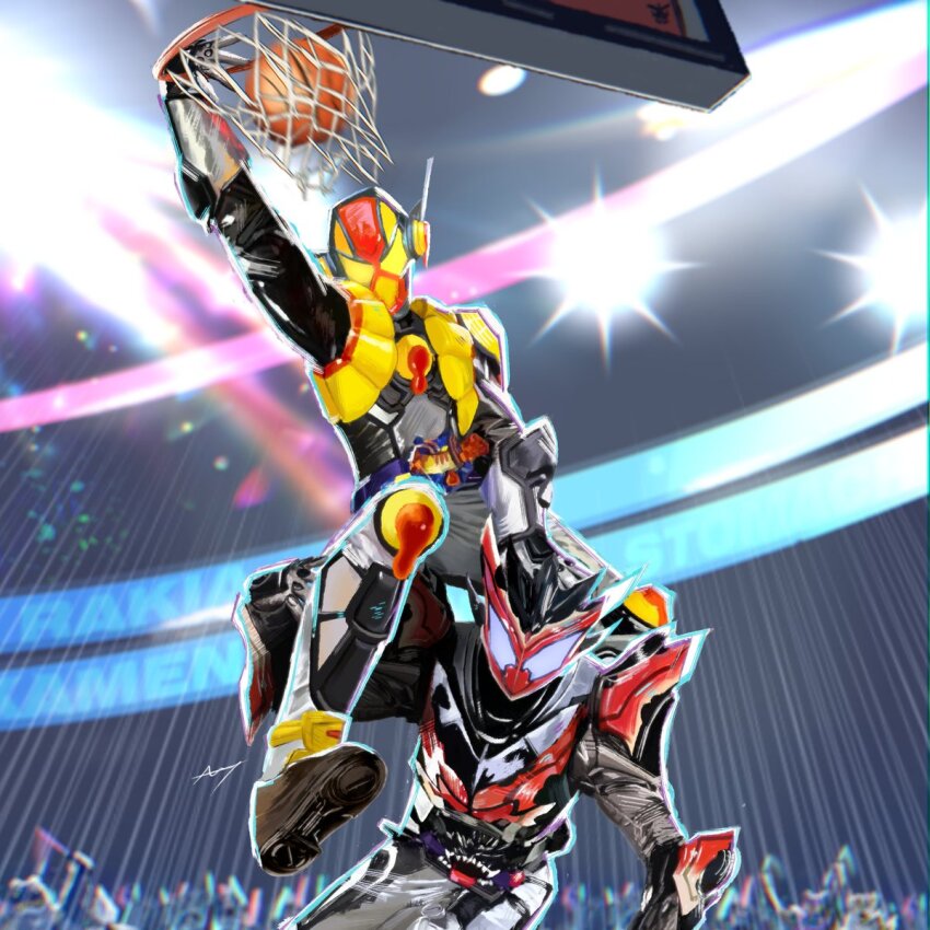2boys, armor, ball, basketball, basketball_(object), basketball_court, basketball_hoop, bitter_gavv