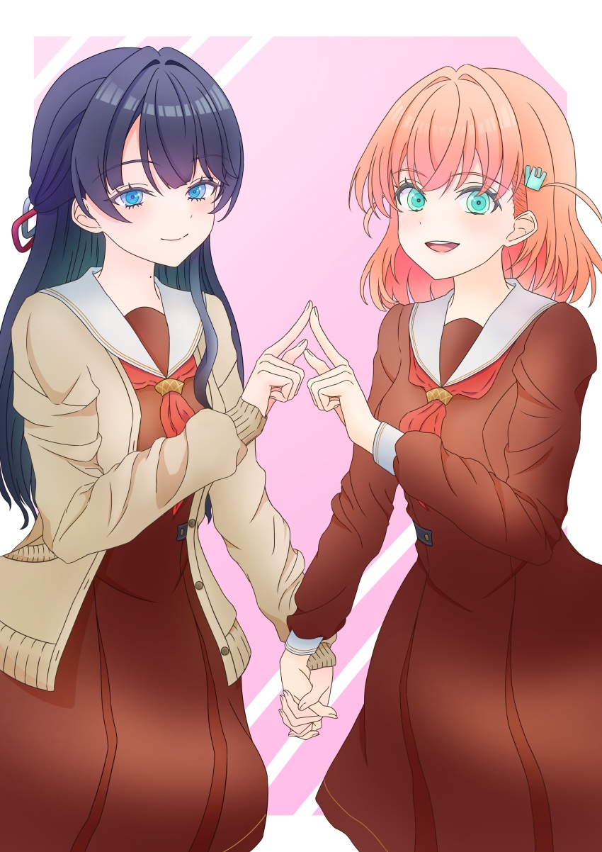 2girls, :d, absurdres, aqua_eyes, blue_eyes, blue_hair, blue_ribbon, border