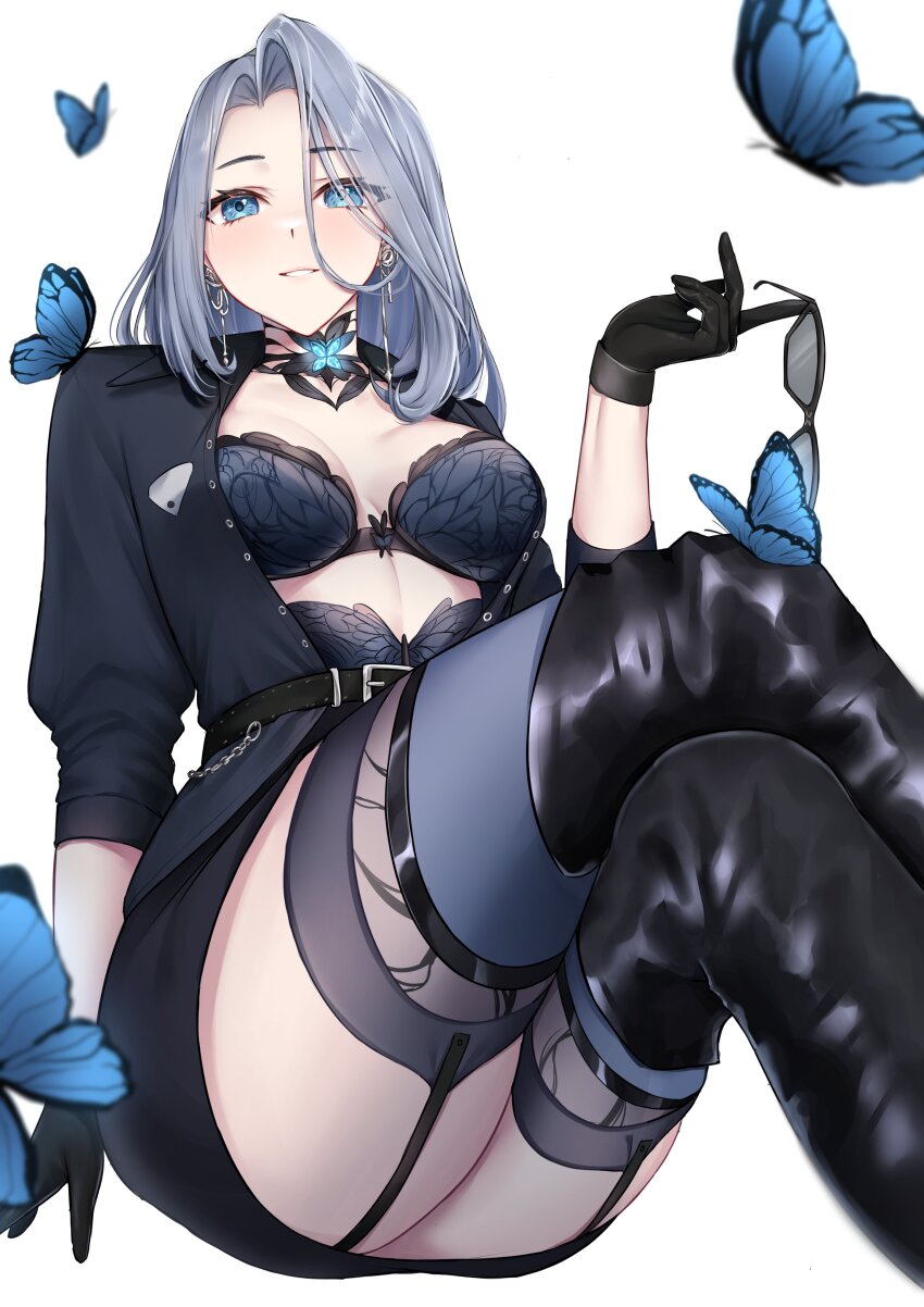 1girl, absurdres, belt, black_belt, black_boots, black_gloves, blue_butterfly, blue_eyes