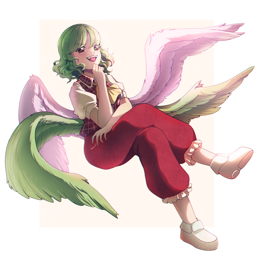 1girl, absurdres, dungeon_toaster, full_body, green_hair, green_wings, hand_on_own_face, highres