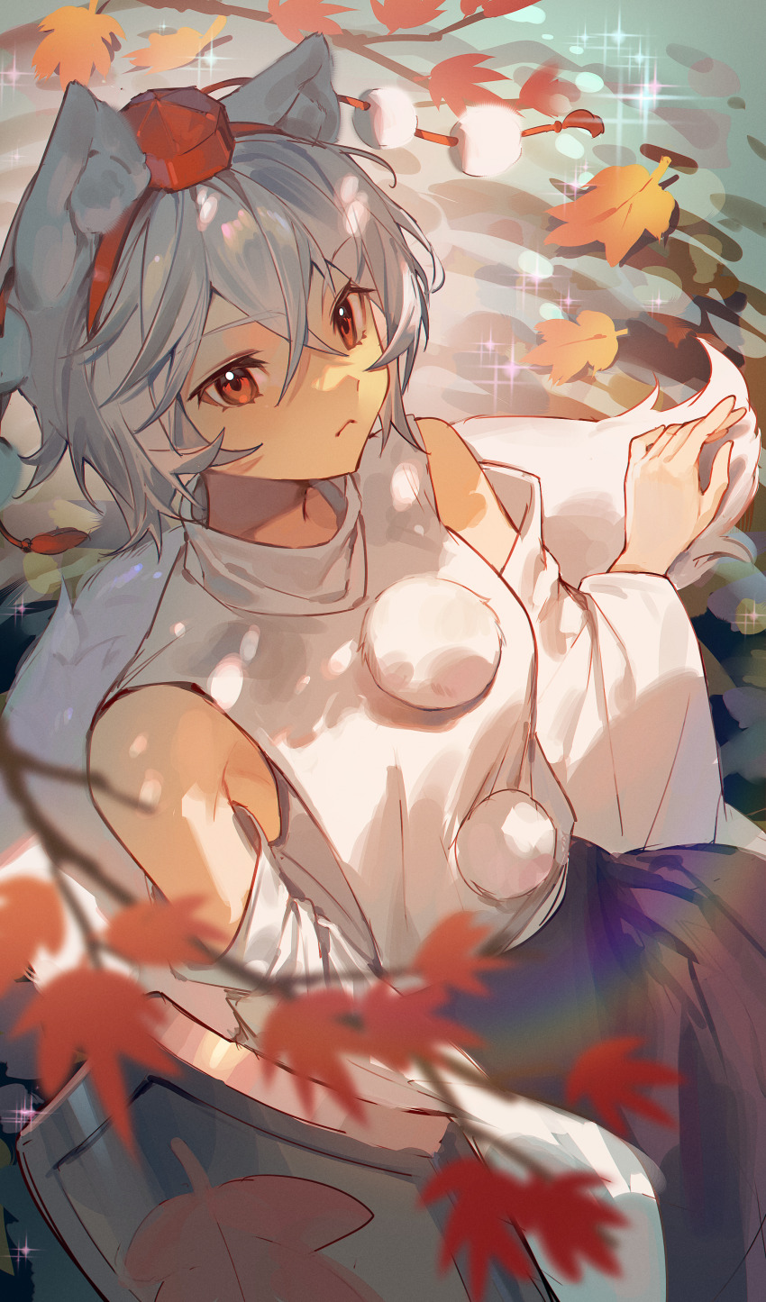 1girl, absurdres, animal_ears, autumn_leaves, black_hakama, chinese_commentary, commentary, detached_sleeves, ender_xiaohai, hakama, hat, highres, inubashiri_momiji, japanese_clothes, leaf, looking_at_viewer, maple_leaf, red_eyes, shield, shirt, sleeveless, sleeveless_shirt, solo, tokin_hat, touhou, white_hair, white_shirt, wolf_ears, wolf_girl