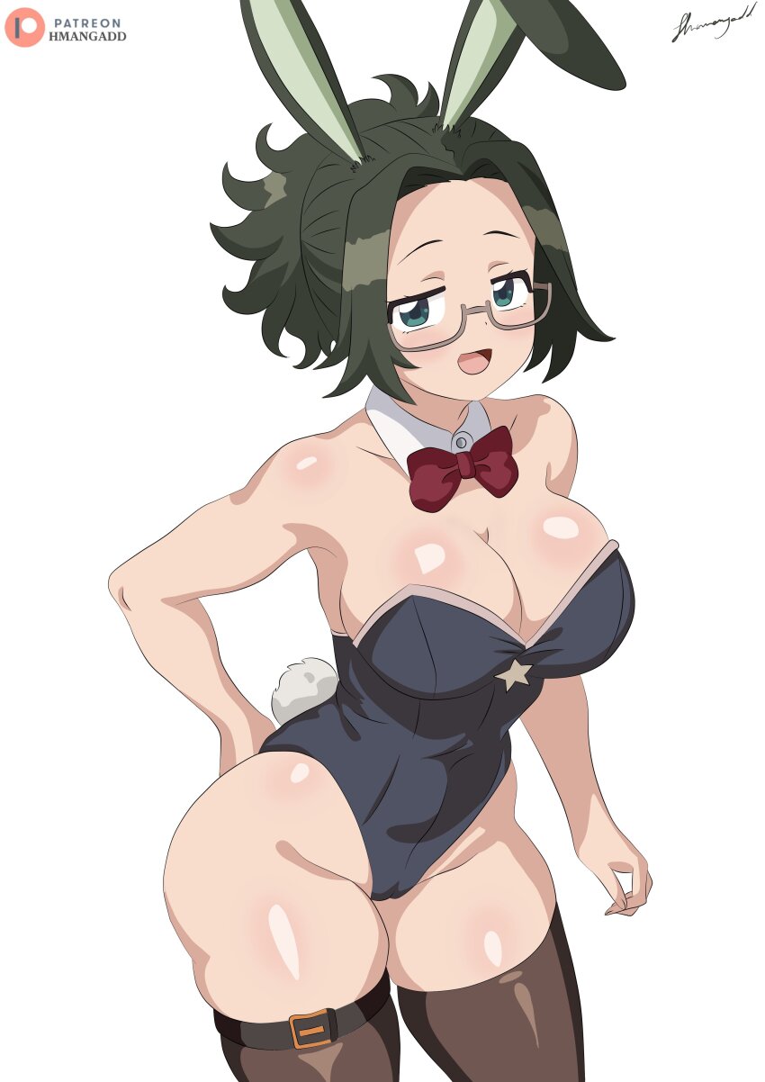 1girl, :d, absurdres, agari_himiko, animal_ears, arm_behind_back, artist_name, black_leotard