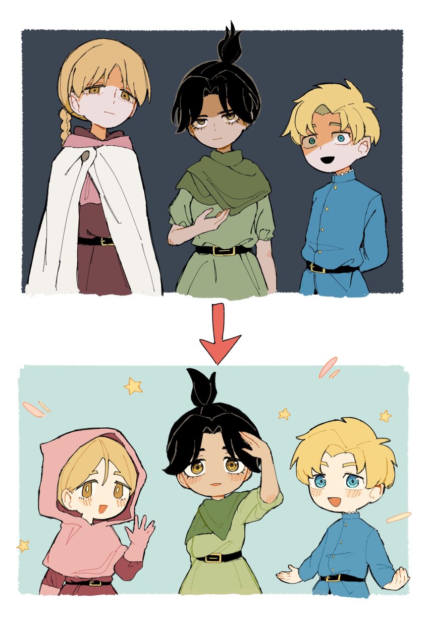 1boy, 2girls, absurdres, age_comparison, belt, black_hair, blonde_hair, blue_eyes