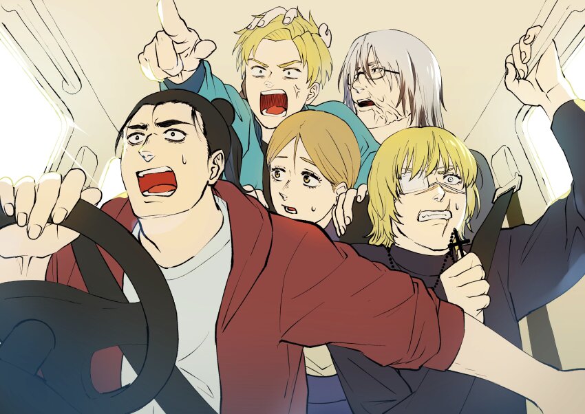 1girl, 4boys, absurdres, anger_vein, angry, aquiline_nose, badeni, black_eyes