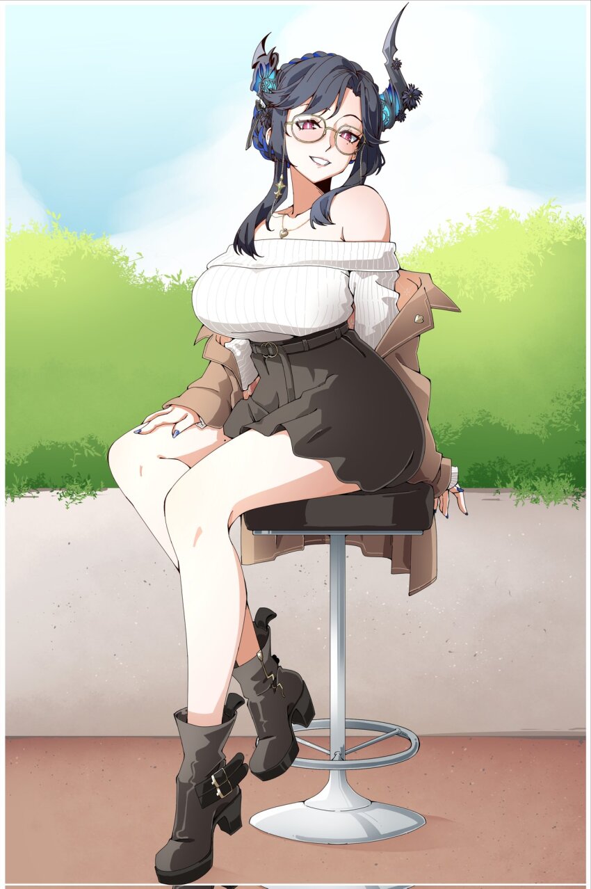 1girl, ade_(maid_in_spring)_(nikke), alternate_costume, asymmetrical_horns, black_hair, blue_hair, blue_sky, blush