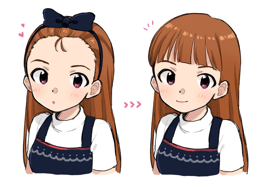 1girl, arrow_(symbol), black_bow, black_dress, black_hairband, blunt_bangs, blush, bow, brown_eyes, brown_hair, child, closed_mouth, commentary_request, cropped_torso, dress, forehead, hair_bow, hairband, heart, highres, idolmaster, idolmaster_(classic), idolmaster_sp, long_hair, looking_at_viewer, minase_iori, multiple_views, naruse_ill, nexus_casual_(idolmaster), official_alternate_hairstyle, parted_lips, short_sleeves, simple_background, smile, white_background