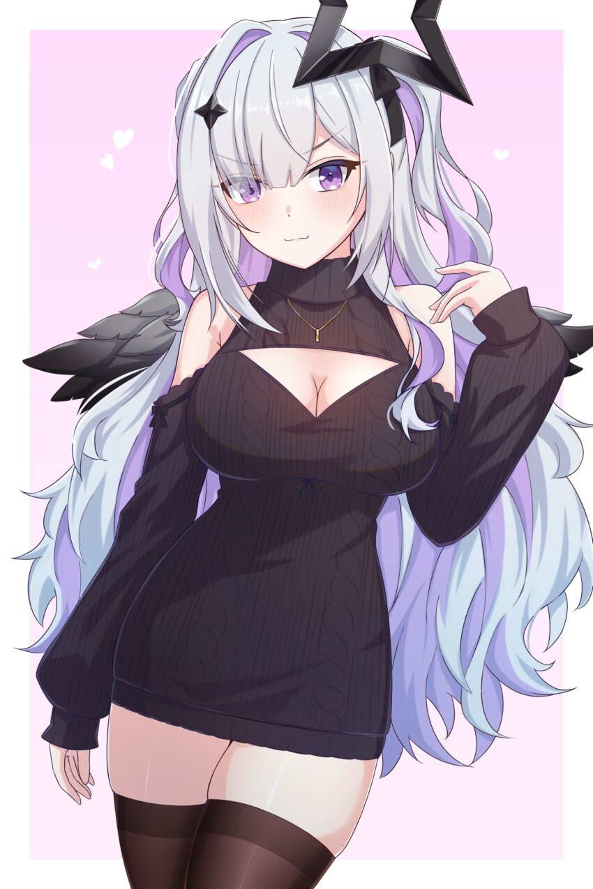 1girl, amane_konata, bare_shoulders, black_sweater, border, breasts, cleavage, cleavage_cutout