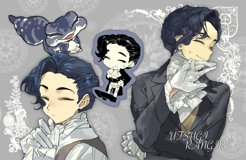 1boy, adjusting_ascot, animalization, ascot, black_jacket, blue_hair, brown_vest, chibi