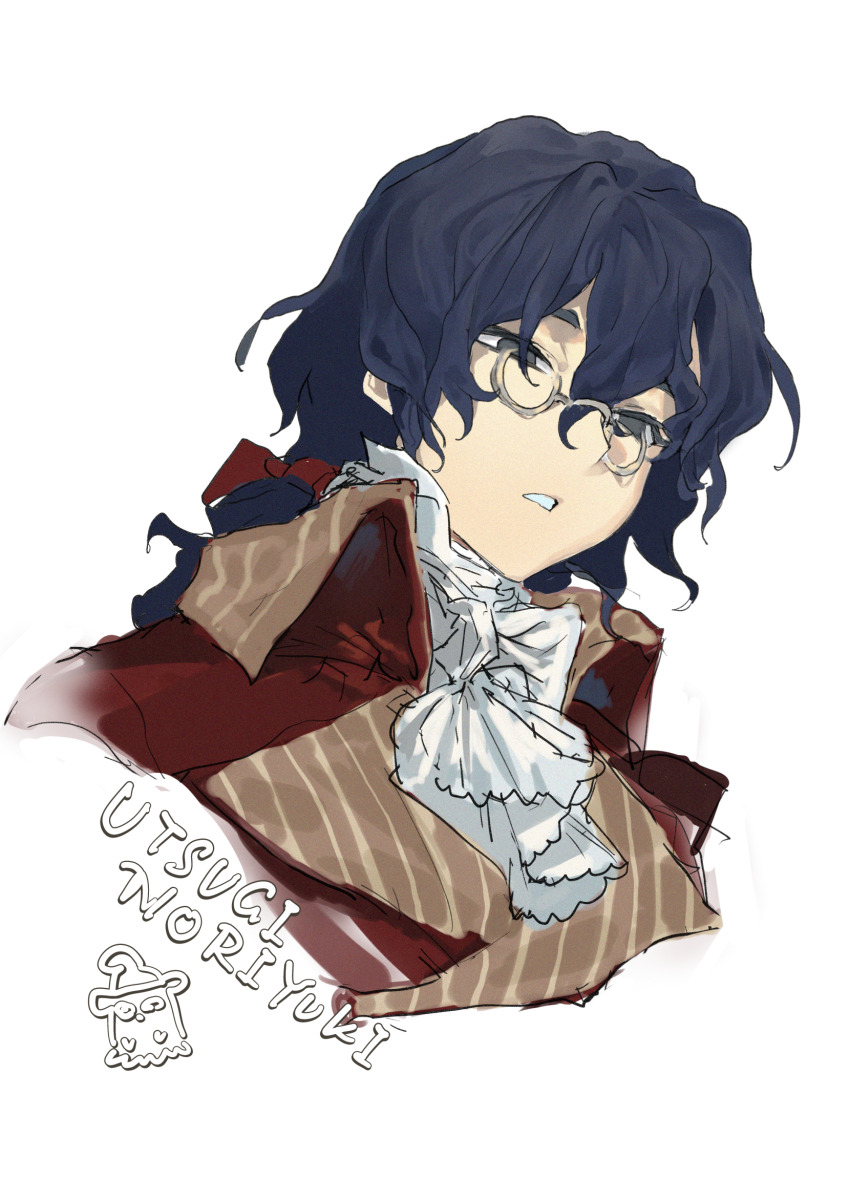 1boy, alternate_costume, alternate_hair_length, alternate_hairstyle, ascot, bespectacled, black_eyes, blue_hair